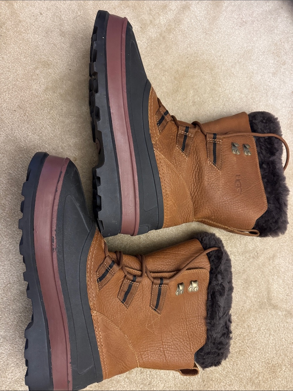 UGG Men's Brown Lace-Up Insulated Winter Boots with Black Rubber Sole